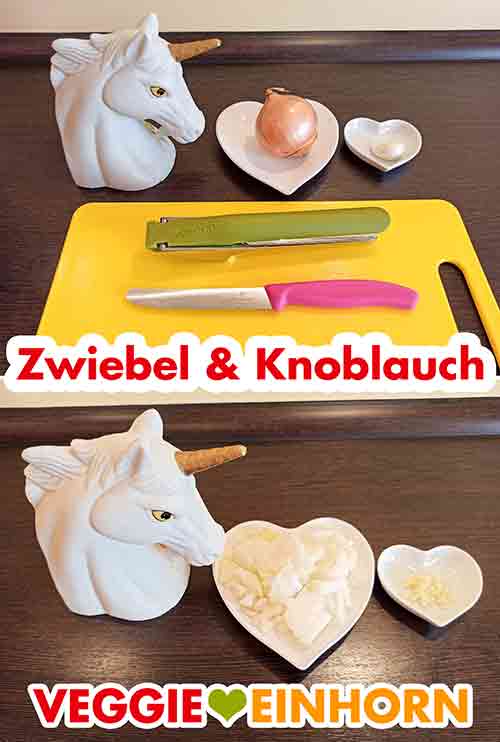 Die Zwiebel wird fein gewürfelt und der Knoblauch wird gepresst. Eine kleine Zwiebel und eine Zehe Knoblauch
