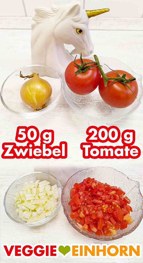 Du brauchst 50 g Zwiebelwürfel und 200 g Tomatenwürfelchen. Eine Zwiebel und zwei Tomaten für den Tomatenbulgur
