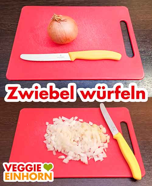 Zwiebelwürfel Schneidebrett, Messer und eine gewürfelte Zwiebel