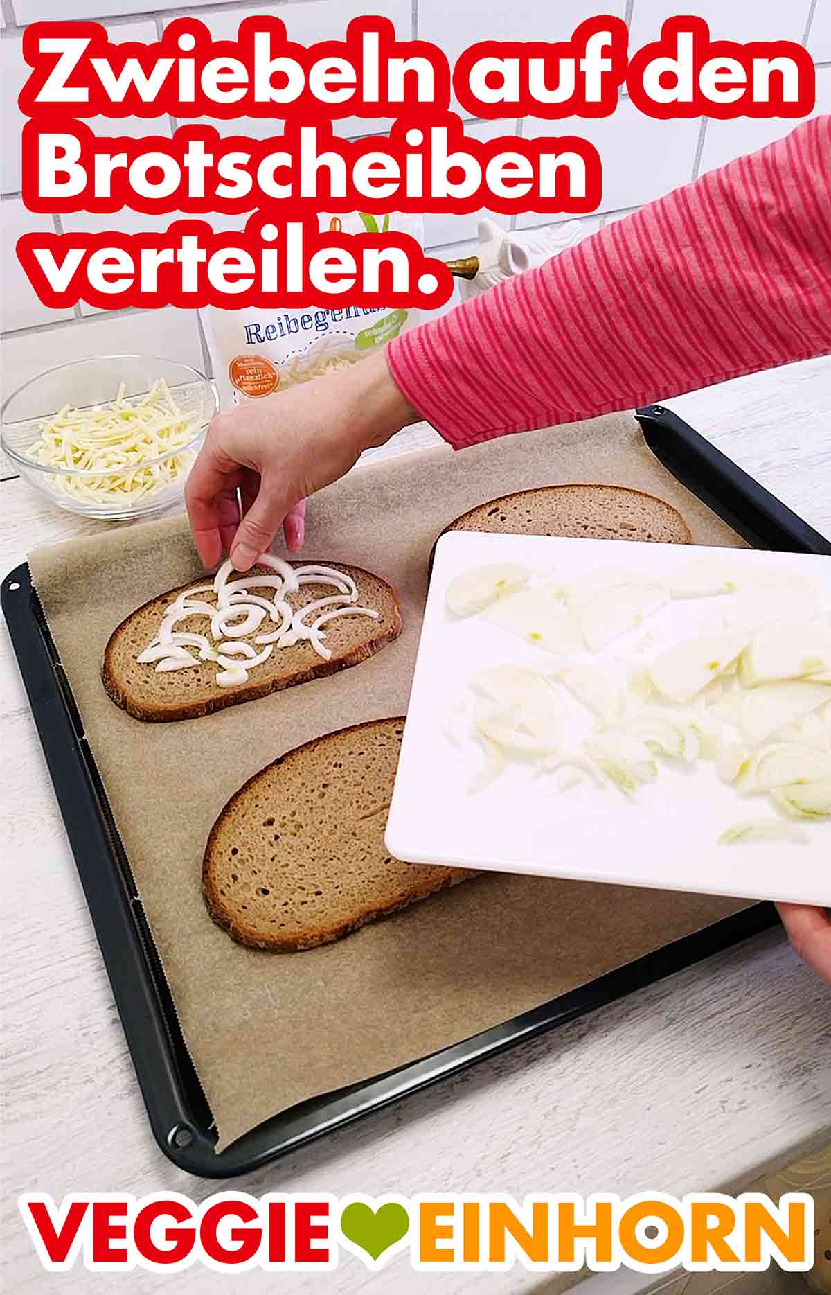 Die halben Zwiebelringe auf den Brotscheiben verteilen. Zwiebeln werden auf die Brotscheiben auf dem Backpapier gelegt.