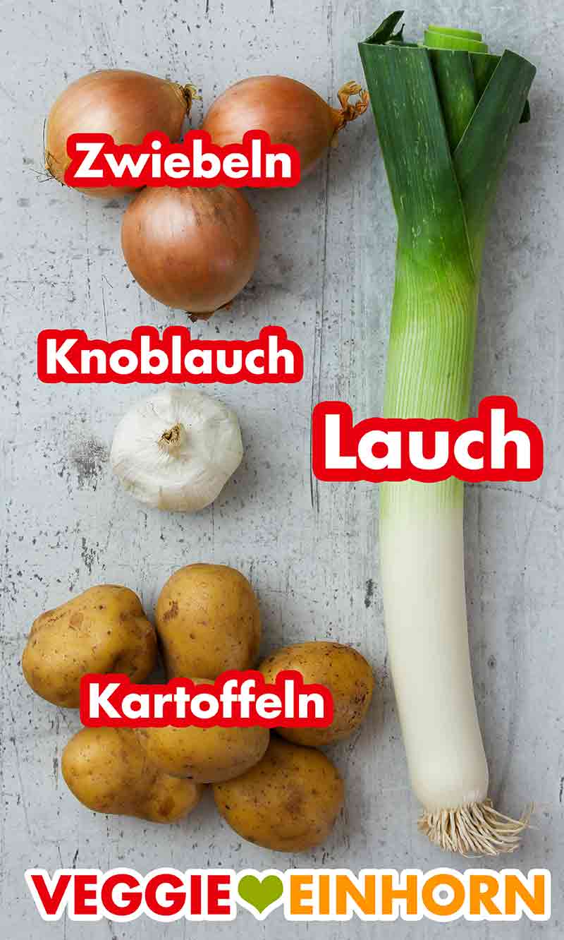 Gemüse für den Eintopf Zwiebeln, Knoblauch, Lauch, Kartoffeln