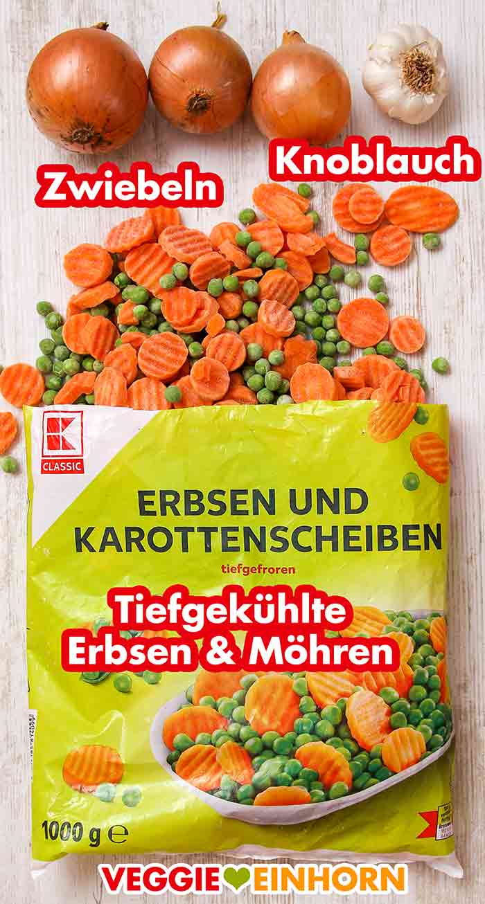Zwiebeln, Knoblauch und TK-Gemüse von Kaufland K-Classic Zwiebeln, Knoblauch und eine Packung tiefgekühlte Erbsen und Möhren