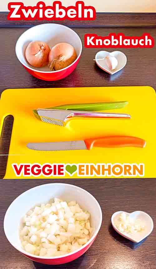Zwiebeln würfeln und Knoblauch pressen Zwiebeln und Knoblauch für die Lasagne Suppe