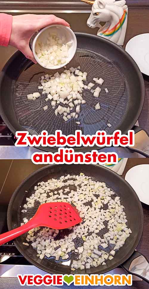 Zwiebelwürfel in Öl andünsten Pfanne mit Öl und Zwiebeln